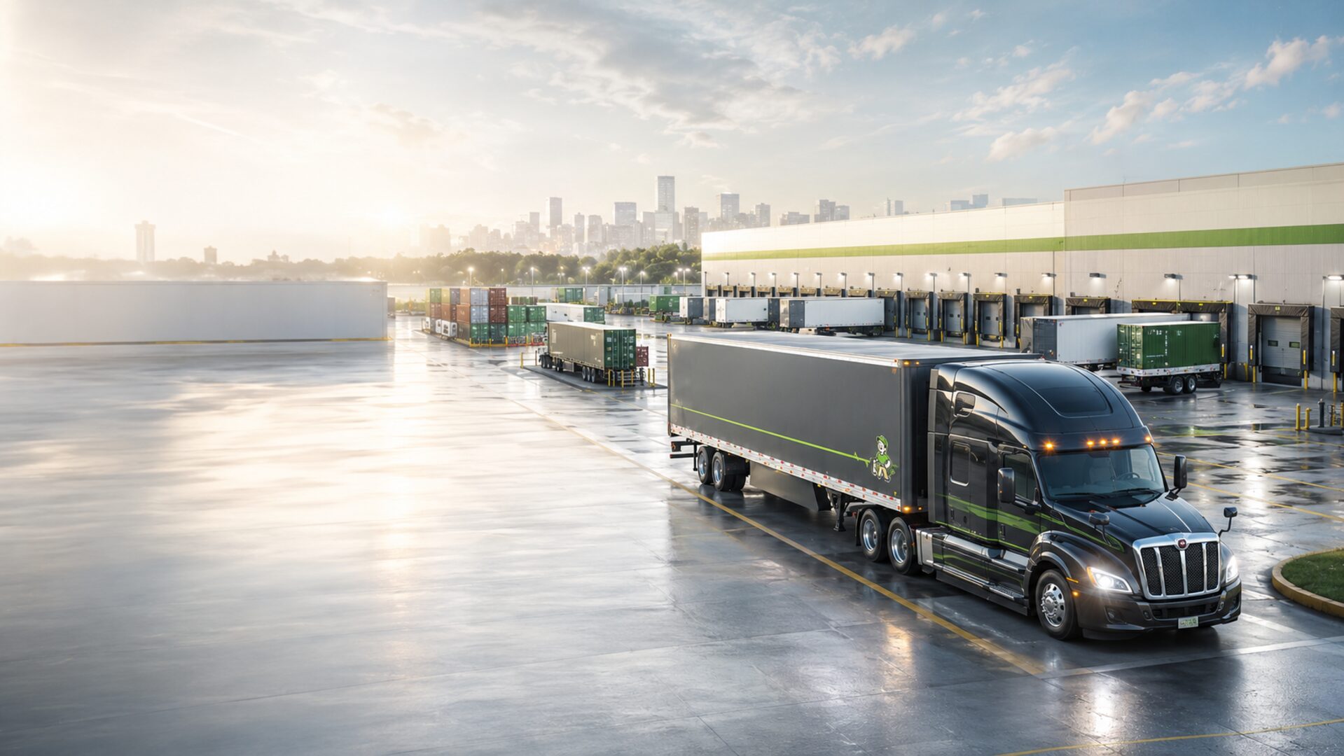 Semi truck at a modern distribution yard